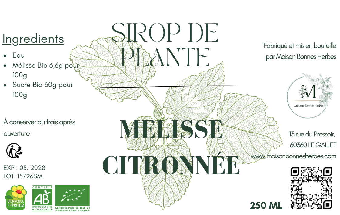 Sirop de plantes Mélisse citronnée